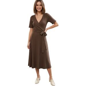 Modern Citizen Rib Knit Faux Wrap Short Sleeve Midi Dress Chocolate Brown Small